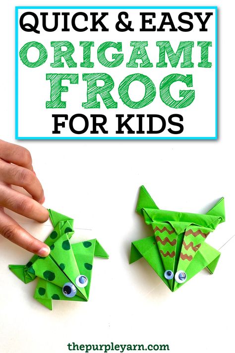 Here is a fun activity for kids - Origami paper jumping frog. Folding this Origami frog is easy and can be a fun craft activity to engage kids. This is a step-by-step tutorial and there is a video tutorial inside too. Origami Jumping Frog Instructions, Frogs For Kids, Paper Frog, Easy Origami For Kids, Paper Apple, Origami Frog, Paper Folding Crafts, Jumping Frog, Purple Yarn