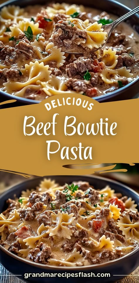 This Creamy Beef and Bowtie Pasta combines hearty ground beef, tender bowtie pasta, and a creamy, cheesy sauce for a satisfying and comforting meal. Perfect for busy weeknights, it’s rich in flavor and easy to prepare! Pasta And Ground Beef Recipes, Bowtie Pasta Recipes, Hamburger Pasta Recipes, Italian Mac And Cheese, Pasta And Ground Beef, Bow Tie Pasta Recipe, Easy Hamburger Casserole, Ground Beef Pasta Recipes, Crockpot Pasta Recipes