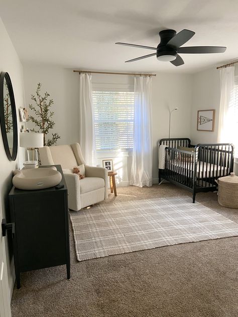 Bot Baby Nursery, Nursery With Beige Walls, Nursery With Crib In Corner, Nursery And Computer Room, Nursery With Tan Carpet, Carpet In Nursery, Black Jenny Lind Crib Nursery, Nursery With Two Windows, Nursery Ideas With Carpet