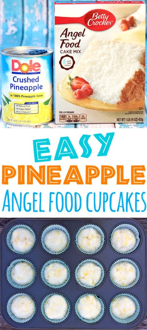 Pineapple Angel Food Cupcakes Recipe! {2 Ingredients} - The Frugal Girls Angel Food Cake Pineapple, Angelfood Pineapple Cake 2 Ingredients, Angelfood Cake With Pineapple, Angel Food Muffins, Ww Pineapple Angel Food Cake, Angel Food And Pineapple Cake, Ww Angel Food Cake Crushed Pineapple, Two Ingredient Cupcakes, Pineapple And Angel Food Cake Recipe