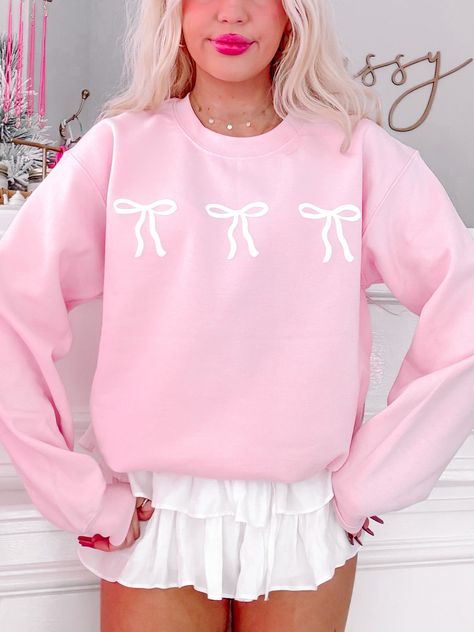 New Arrivals | Sassy Shortcake Pink Bow Outfit, Clothes With Bows, Flirtatious Skirt, Bow Clothes, Coquette Sweatshirt, Bow Outfit, Sassy Shortcake, Bow Sweatshirt, Look Con Short