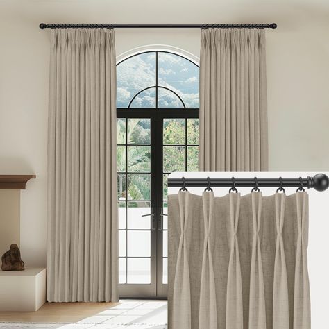 PRICES MAY VARY. Pinch Pleated Curtains of Package: Each Package include 2 panels of pinch pleated curtains blackout and 20 hooks (without rings), each panel is 40 inches wide and 84 inches long, the linen blackout curtains suitable for bedrooms, living room, dining room, nursery, kitchens, farmhouse and more. 100% Blackout Curtains：The pinch pleat linen curtains have a 205g heavyweight white lining, which is designed to block out 100% sunlight, uv rays and work well in noise reducing,thermal in Arch Window Treatments Living Room, Apartment Living Room Curtains Ideas, Drapes For Tall Windows High Ceilings, Tan Living Room Curtain Ideas, Curtains For Farmhouse Bedroom, Arched Window Curtain Ideas, Huge Windows Living Room Curtains, French Doors With Drapes, Living Room 3 Window Curtains Ideas