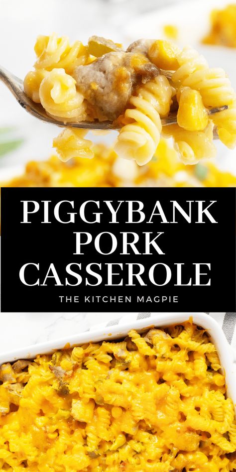 Piggybank Pork Casserole Pork Casserole Recipes, Pulled Pork Casserole, Leftover Pork Recipes, Leftover Pork Tenderloin, Leftover Pork Chops, Pork Pasta, Pork Casserole, Yummy Casserole Recipes, Favorite Casseroles