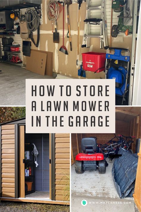 Regardless of whether you have a small, mid-size or a large riding mower, storing it in your garage can be a challenge. Well, in this case, what you need to think about is how you save it. Whether you have a lawn mower that you use regularly or one that you’re planning to put away for the winter, storing it in the garage can be tricky. #garagestorageideas #lawnmowerstorageideas #gardentoolstorageideas Lawnmower Storage Garage, Garage Organization Lawn Mower, Yard Equipment Storage, Storing Lawn Mower In Garage, How To Store Lawn Mower In Garage, Riding Lawnmower Storage Ideas, Lawnmower Storage Diy, Riding Mower Storage, Lawn Mower Storage Garage