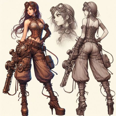 Mechanical Woman Art, Character Inspiration Outfits, Inventor Aesthetic Outfit, Female Steampunk Outfit, Steampunk Outfits Drawing, Steampunk Prosthetic Arm, Steampunk Dnd Character, Steampunk Character Design Female, Steampunk Female Character