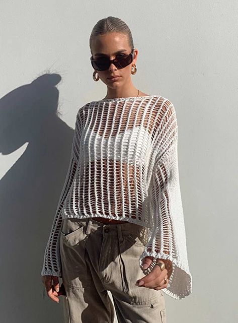 Mesh Stitch Crochet, Miniskirt Outfits Summer, Sweaters Aesthetic, Mesh Stitch, Stitch Crochet, Sweater White, Outerwear Outfit, Summer Fashion Trends, Loungewear Sets