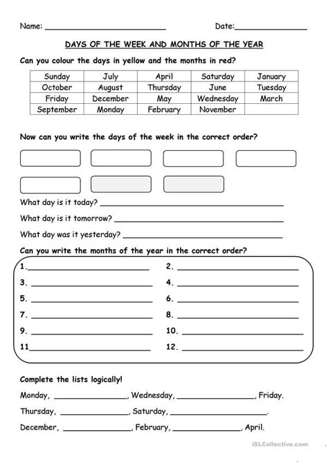 Esl Days Of The Week Worksheet, English Printables Worksheets, How Many Days In A Year, Month And Days Worksheet, Esl Months Of The Year, Days Of The Week And Months Of The Year Worksheet, Elementary Worksheets Free Printable, Days Of The Week And Months Of The Year, Months Worksheet For Kids