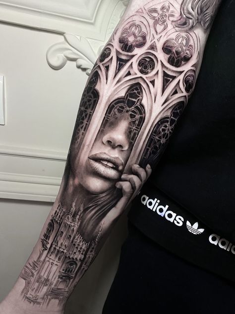 Cathedral sleeve man Cathedral Tattoo, Church Tattoo, Tattoo Half Sleeve, Tattoo Foot, Arte Judaica, Full Leg Tattoos, Full Tattoo, Torso Tattoos, Tattoos Arm