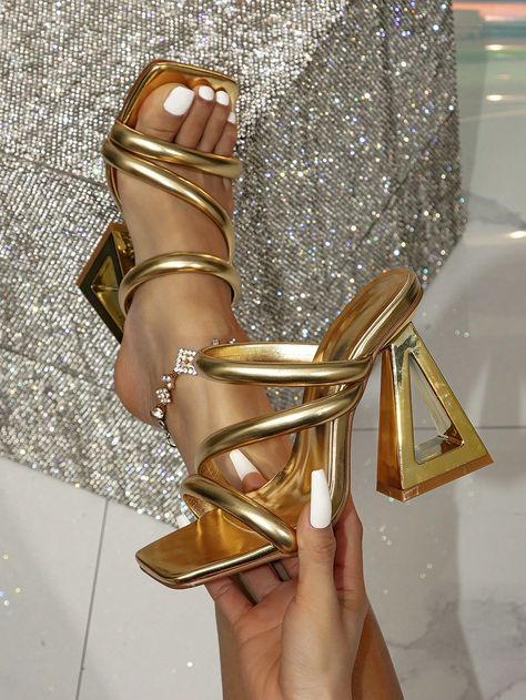 Gold Glamorous Collar   Colorblock,Plain  Embellished   Women Shoes Comfortable Gold Heels, 20 Birthday, Party High Heels, Pearl Shoes, Mules Sandals, Birthday Inspo, Glamorous Party, High Heel Mules, Heeled Mules Sandals