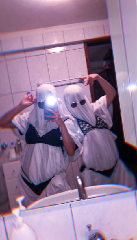 Ghost photoshoot in a bikini 👙👻 #bff #goals #bikinighost #bffgoals #aesthetic #friendship #friendshipgoals #summer #instagram Ghost In Bikinis Costume, Matching Ghost Face Costumes, Cute Halloween Pictures Friends, Bff Photoshoot Poses Funny, Matching Costumes For Friends, Bff Matching Costumes, Two Halloween Costumes Friends, Bff Matching Halloween Costumes, Ghost Outfit Aesthetic