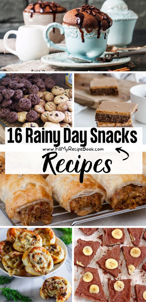 We share some snack recipe ideas to bake or no bake, for snacks for kids or families, being pastry sausage rolls or pin wheels with fillings. Biscuits or cookies with brownies and cake in a mug, in minutes, many more to choose from. Healthy Rainy Day Snacks, Easy Daytime Snacks, Easy Rainy Day Desserts, Rainy Day Things To Bake, Rainy Day Recipes Desserts, Rainy Day Treats, Rainy Day Cooking Ideas, Rainy Day Snacks Comfort Foods, Snacks For Snow Days