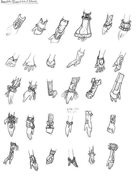 Gloves Design Drawing, Types Of Gloves Drawing, Clothing Accessories Drawing, Anime Bracelet Drawing, Bracelet Drawing Reference, Accessories To Add To Your Drawing, Bracelets Drawing Sketch, Fantasy Gloves Design, How To Draw A Bracelet