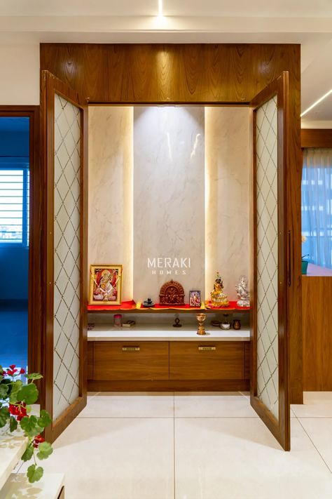 Simply Elegant Pooja Unit in Veneer and Glass Pooja Unit, Indian Room Decor, Temple Design For Home, Pooja Room Door Design, Pooja Room Design, Room Door Design, Puja Room, Home Stairs Design, Living Room Partition