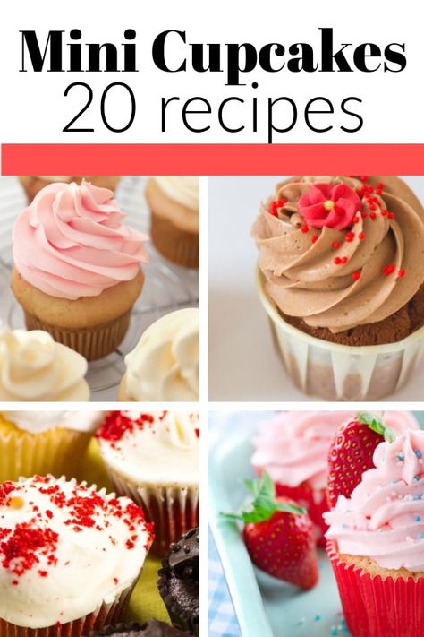 A collection of 20 amazing mini cupcake recipes. Everything from delicious chocolate and peanut butter mini cupcakes to a classic vanilla. These mini cupcakes are great for every occasion. Mini Strawberry Cupcake Recipe, Gourmet Mini Cupcakes, Mini Cupcakes With Filling, How To Fill Mini Cupcakes, Tea Party Mini Cupcakes, How To Frost Mini Cupcakes, Mini Cupcake Desserts, Strawberry Mini Cupcakes, Mini Cupcake Flavors