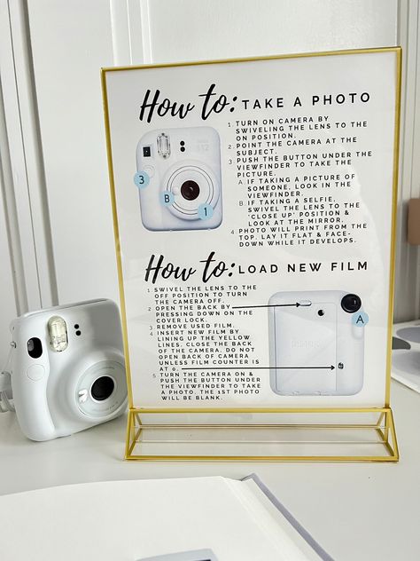 Polaroid camera photo booths at weddings, baby showers, bachelorette parties and more are so popular for guest books. This DIGITAL FILE is an EASY to understand instruction sheet for how to take photos with the instant camera mini and reload film - not too many repetitive and small pictures. Remove all confusion from guests who may not know how to operate the camera and make them more likely to sign your guest book!  Seen with our best-selling frosted acrylic photo booth sign with gold font: htt Polaroid Camera At Wedding, How To Use Polaroid Camera, Poloroid Photobooth Ideas, Polaroid Guest Book Instructions, Instant Camera Wedding, Camera Guest Book, Polaroid Photo Guest Book, Polaroid Station, Polaroid Photo Booths