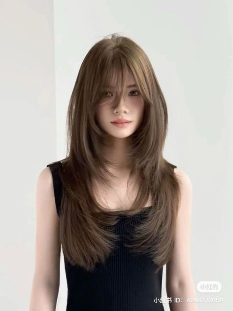 Russian Haircuts Women, Medium Haircut Idea, Haircut Inspiration Thick Hair, Long Bangs Long Layers, Chocolate Brown Hair With Chunky Highlights, Face Framing Layers Long Hair With Bangs Fringes, Medium Soft Layered Hair, Medium Haircuts Straight Hair, 3 Layer Haircut Long