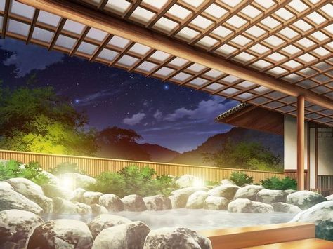 Onsen( Hot Spring pool ) City Life Aesthetic, Anime House, Japanese Style House, Anime Places, Episode Backgrounds, Real Anime, Scenery Background, Fantasy Places, Fantasy Art Landscapes