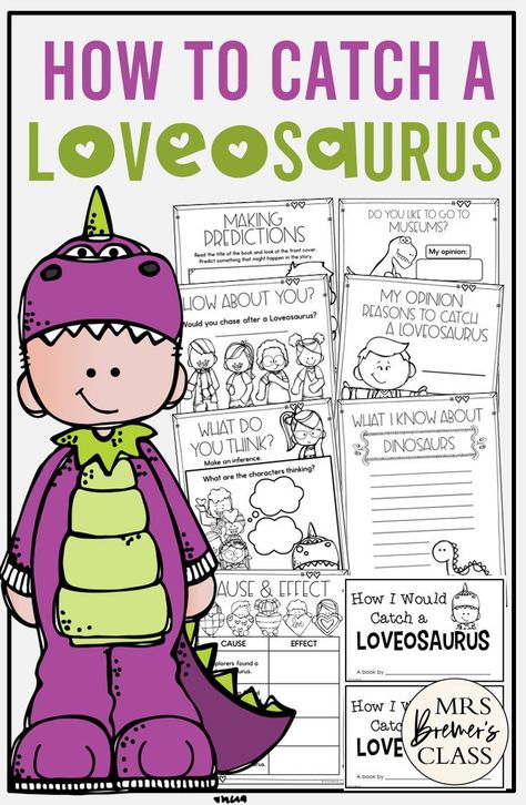 How to Catch a Loveosaurus book activities unit with literacy printables, reading companion activities, lesson ideas, comprehension worksheets, and a craft for Kindergarten and First Grade Craft For Kindergarten, Text To Self Connection, Valentines Day Book, Text To Self, Parts Of A Book, Kindergarten Reading Activities, Kindergarten Books, Authors Purpose, Author Studies