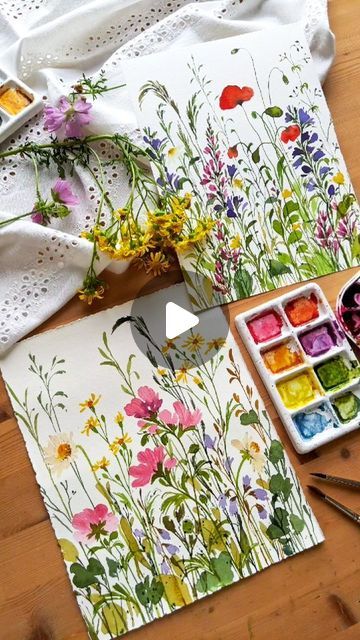 Wildflowers Watercolor Painting, How To Paint Wildflowers, Garden Landscaping Diy, Wildflower Drawing, Landscaping Diy, Watercolor Wildflowers, Yellow Wildflowers, Watercolor Paintings Easy, Watercolor Art Lessons