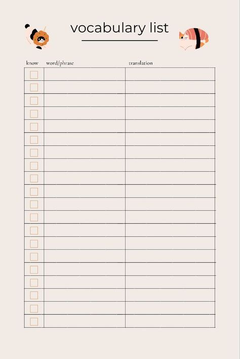 Vocab List Sheet | Printable Planner by  Mattie Donohue mealplannerД±nsert #plannerdeestudosgratis. Vocabulary And Meaning, Vocabulary List Template Free Printable, Vocabulary Sheet Template, Cute Vocabulary Notes, Vocabulary Notes Template, Language Learning Template, Daily Planner Template Free, Goodnotes Template Free, Vocabulary Template