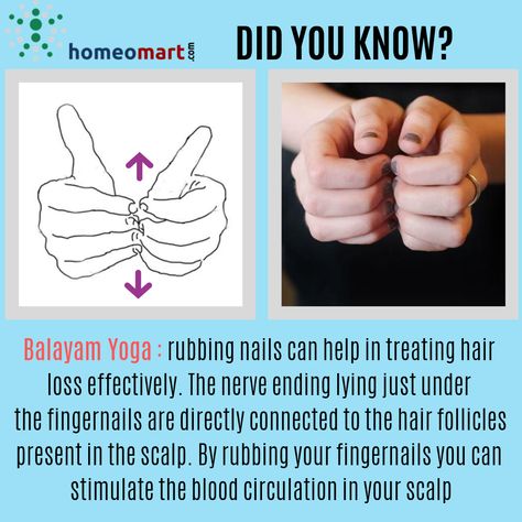 Balayam is a nail rubbing exercise and it is a union of two Hindi words Bal and Vyayam where Bal means Hairs and Vyayam indicates Exercise. In simple language ‘Balayam’ means an exercise for hairs. Its a form of Acupressure therapy to to stimulate scalp. Since roots of hair follicles on scalp are connected to fingernails, this pressure creation will help in pumping required nutrition to the scalp and promote hair growth Rubbing Nails For Hair Growth, Nail Rubbing For Hair Growth, Exercise For Hair Growth, Balayam Yoga, Hair Fall Remedy, Acupressure Therapy, Yoga Facts, Homeopathy Medicine, Kuantan