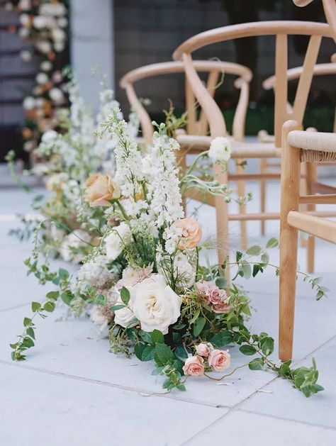 Outdoor garden party at the Grand America Hotel | Ceremony Style | Ceremony Chairs | Floral Arrangements | For more wedding ideas, visit alexakayevents.com! Grounded Floral Arrangement, Wedding Floral Ceremony, Ground Floral Arrangements Wedding, Aisle Floral Arrangements, Ceremony Flowers Aisle, Aisle Florals, Aisle Arrangements, Flower Arches, Outdoor Garden Party