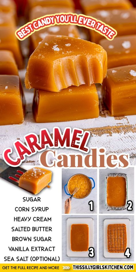 caramel candies Homemade Caramel Candy, Caramel Candies Recipe, Salted Caramel Candy, Homemade Caramel Recipes, Caramels Recipe, Caramel Candies, Salted Caramels, Easy Candy Recipes, American Recipes