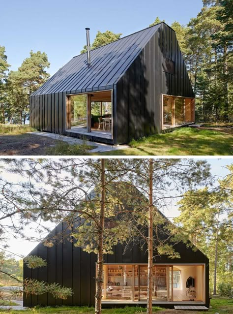 19 Examples Of Modern Scandinavian House Designs | The black siding seamlessly connects with the black roof to create a striking look against the green forest surrounding it. Scandinavian House Plans, Modern Scandinavian House, Scandinavian Exterior, Forest Cabins, Scandinavian House Design, Scandinavian Modern House, Scandinavian Exterior Design, Scandinavian Houses, Small House Design Architecture