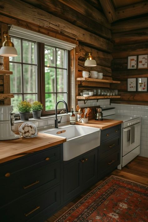 Log Cabin Farmhouse Style Kitchen, Log Home Inspiration, Log House Kitchen Modern, Rustic Log Cabin Interior Ideas, Modern Rustic Cottage Interiors, Cabin Porches Ideas Rustic, Cottage Cabin Interior, Simple Cabin Interior, Small Cabin Interiors Rustic Simple