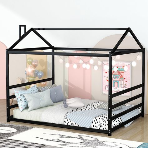 PRICES MAY VARY. 🏡【House Bed for Kids】The montessori floor bed is designed with an adorable house shape which is relatively popular among children, kids will have adequate sense of security.Plus,you can buy a matching tent (not included) to cover the metal floor bed or hang small decorations on the rails to build a distinctive bedroom. 🏡【Floor Height Montessori Bed for Boys and Girls】This elegant queen floor bed features low to ground design which allow your kids get in or out easily.You can place your mattress directly on the floor or set this house frame over on a queen size bed frame. 🏡【Sturdy Metal Frame】The house bed for kids is constructed with a sturdy metal frame that can enhance stability and durability.Slats are not included. 🏡【Easy Assembly】The house bed frame is delivered i Floor Bed For Kids, Bed For Boys, Platform Bed Black, Montessori Floor Bed, Ground Design, Small Decorations, House Beds For Kids, House Frame, Floor Bed Frame