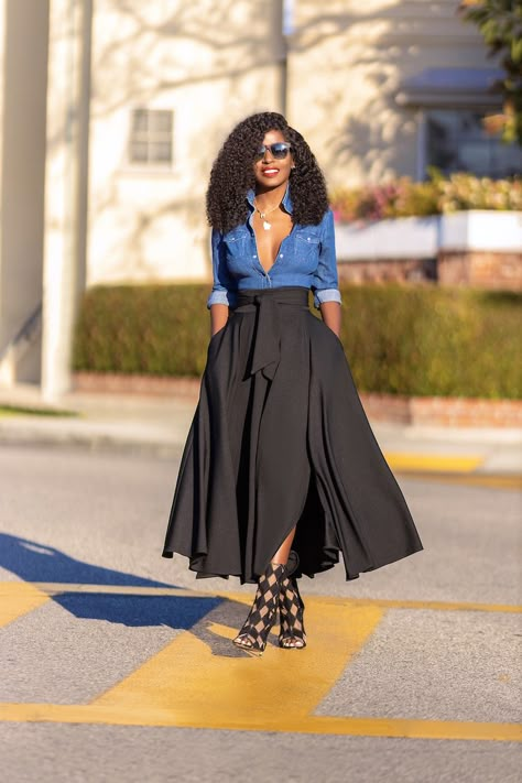 Fitted Denim Shirt + Belted Midi Skirt – StylePantry Skirt And T Shirt Outfit Classy, Casual A Line Skirt Outfit, Skirts For Wide Hips, Long Denim Shirt Outfit, Black A Line Skirt Outfit, Pleated Midi Skirt Outfit, Looks Camisa Jeans, A Line Skirt Outfits, Black Pleated Midi Skirt