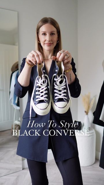 Charlotte | Everyday Style Made Simple 🤍 on Instagram: "Black Converse Outfits 🖤 - Vol. 1 STYLING THE CLASSICS! (How to style converse tips in caption👇🏼) I am starting a new classic fashion series on ways to wear key items in a timeless style wardrobe, which I think every woman should own. Starting with black converse chuck70 high tops. My tips for making a black converse outfit chic are to: 1. JEANS AND TROUSERS - When wearing converse chucks with jeans and trousers opt for straight leg or Black Converse Women, Straight Jeans Converse Outfit, Black Converse Hightops Outfit, Formal Converse Outfit, Black Converse Work Outfit, Style Black Converse High Tops, Jeans And Chucks Outfit, Low Chucks Outfit, Black Jeans And Converse Outfit