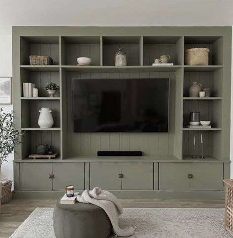 Green Media Unit, Tv Wall Ideas Living Room With Radiator, Built In Media Unit Living Room, Tv Built Ins Living Room, Green Media Wall Living Room, Builtin Cabinet Living Room, Media Unit Styling, Sage Green Media Wall, Dark Green Media Wall