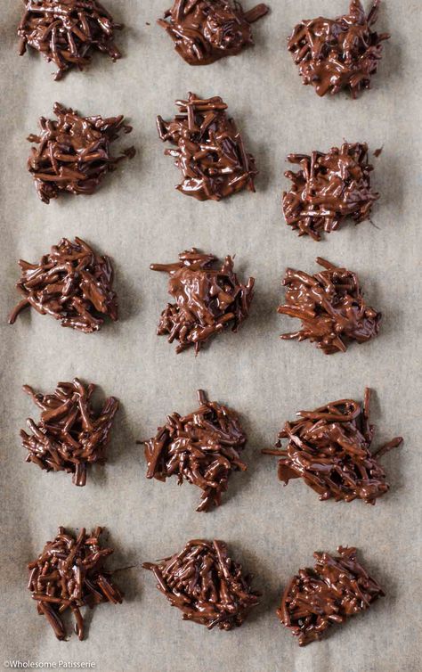 Chocolate Spiders - Wholesome Patisserie Chocolate Peanut Butter Haystacks, Birds Nest Recipe, Chocolate Haystack Cookies, Peanut Butter Cornflake Cookies, Chocolate Haystacks, Haystacks Recipe, Haystack Cookies, Chocolate Spiders, Chocolate Turtles