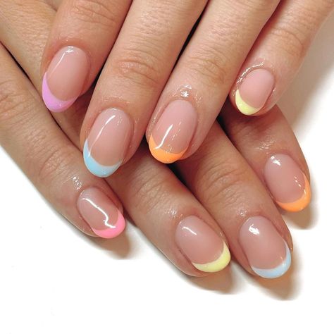 NAILS BY 𝘔𝘢𝘳𝘪𝘴𝘴𝘢 on Instagram: “Rainbow french 🌈 Using @the_gelbottle_inc teddy, pastel v110, flame, forget me not, marilyn & pixie . . . #instanails #manicure…” Rainbow French, Short Gel Nails, Simple Gel Nails, Cute Gel Nails, French Tips, Chic Nails, French Tip Nails, French Manicure, Forget Me Not