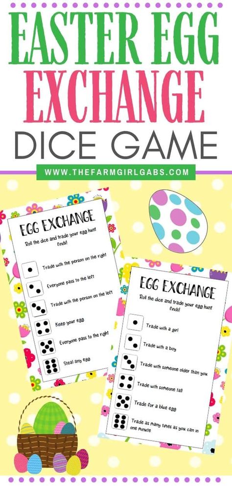 Hop into the Easter holiday with this fun Easter Egg Exchange Dice Game that kids can play. Download and print a copy of these Easter cards. This is a fun game for the kids to play after an Easter egg hunt. This game will let them trade or keep the eggs they found. If they didn't go on an egg hunt, you can provide some filled eggs for them to play with. #eastergame #eastercraft #kidsgame Easter Dice Game, Dice Games For Kids, Themed Breakfast, Cute Easter Desserts, Breakfast Kids, Holiday Crafts Easter, Egg Game, Easter Games, Library Activities