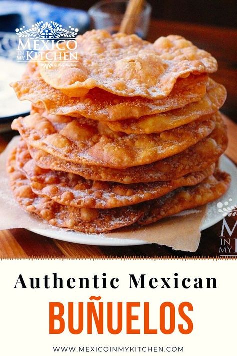 Let's make some Mexican buñuelos! A traditional staple in Mexican desserts, this delicious golden fried fritter is light and airy that still holds a crunch to it. It is often dusted with white sugar and if you are lucky- you might find a dash of cinnamon too. This Mexican buñuelos recipe is perfect for the holidays! Fried Tortilla Dessert, Buenelos Recipe Mexican, Buñuelos Recipe, Mexican Bunuelos, Mexican Bunuelos Recipe, Capirotada Recipe, Dessert Mexican, Bunuelos Recipe, Mexican Cookies