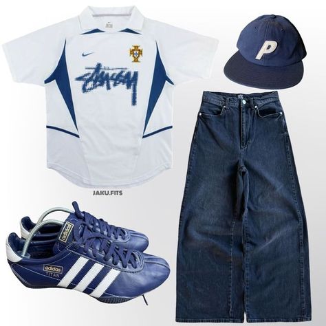 @jaku.fits on Instagram: "Swipe for ID‘s —>   •Nike x Stussy Portugal Football Jersey @eakapparel  •Bottom: BDG baggy denim jeans •Shoes: Adidas titan  •hat: palace navy blue hat  • • • • • • • • Outfit inspo ideas spring fits summer fits Y2K streetwear streetstyle fashion inspiration gorpcore outdoor oversized baggy menswear womenswear explore fashion stylist  • • • #streetweardaily #stüssy #mensweardaily #asicsgel #umbrojersey #blockcore" Blue Y2k Fashion, Y2k Blue Outfit, Summer Fits Y2k, Blue Streetwear Outfit, Sporty Outfits Aesthetic, Stussy Jersey, Blue Outfit Men, Fits Y2k, Portugal Football