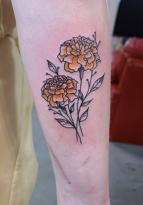 Marigold Chest Tattoo, Marigold Stamp Tattoo, Merigold Aesthetic Flower Tattoo, Marigold Tattoo Color, Simple Marigold Tattoo, Marigold Tattoo Design, Cosmo Flower Tattoo, Marigold Tattoos, Marigold Embroidery