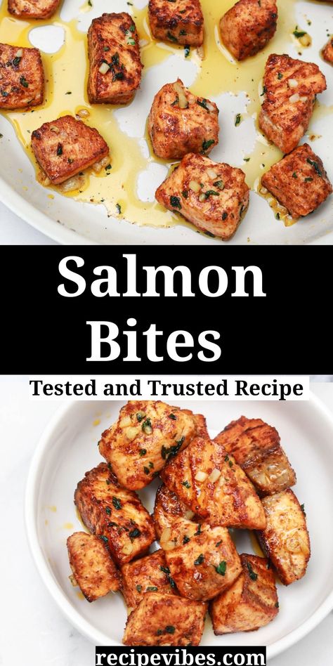 Garlic butter salmon bites recipe ready in under 10 minutes. The salmon cubes are seasoned, pan seared, and tossed in garlic butter sauce for a fish dish that is packed full of bold flavors and can be served as appetizers or as a main dish. It's versatile, delicious, and about to be your favorite salmon recipe. Salmon Tips Recipe, Pan Fried Salmon Bites, Pan Seared Salmon Bites, Salmon Bites Baked, Seared Salmon Bites, Fish Bites Recipe, Garlic Parmesan Salmon Bites, Cubed Salmon Recipe, Salmon Bites Recipe Stove Top