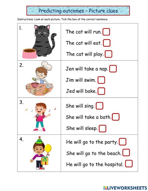 Predicting Outcomes Worksheet For Grade 2, Put The Story In Order Worksheet, Predicting Outcomes Worksheet, Prediction Worksheet, Sentence Comprehension, Picture Clues, Family Worksheet, English Activities For Kids, English Worksheet