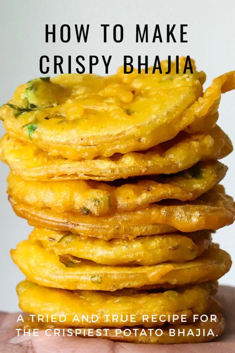 Crispy, spiced potato fritters are the most iconic of bhajias. Here’s a tried and true recipe that will leave you wanting more. Vegan & gluten free option. Potato Bhajia Recipe Indian, Potato Pakora Recipe Indian, Bajias Cooking Recipes, Indian Sides Recipes, Bhajias Recipe Indian, Savoury Snack Recipes, Bhajiya Recipes Indian, Vitumbua Recipe, Indian Snack Recipes Vegetarian