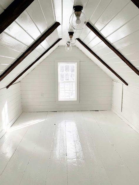 Open Concept Attic Master Suite, Diy Attic Bedroom, Coastal Attic Room, Attic Wall Paneling, How To Finish Attic Space, Attic Without Windows, Attic Expansion Ideas, Painted Attic Ceiling, Small Finished Attic