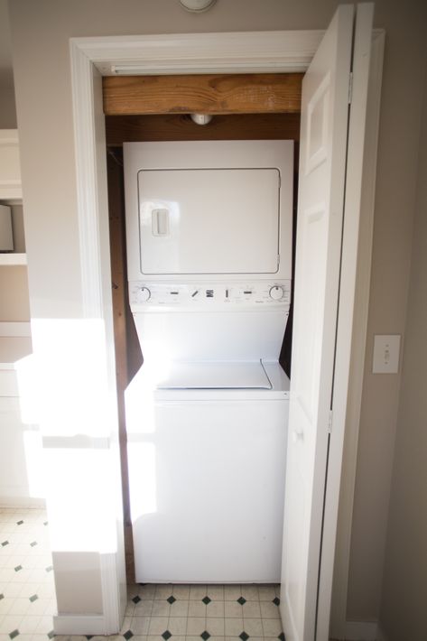 Maximize Space in a Small Laundry Closet - Live Free Creative Co Small Laundry Room Closet, Washer Dryer Laundry Room, Small Laundry Closet, Laundry Closet Makeover, Small Laundry Room Makeover, Samsung Home, Kitchen Aid Appliances, Small Closet Space, Tiny Laundry Rooms