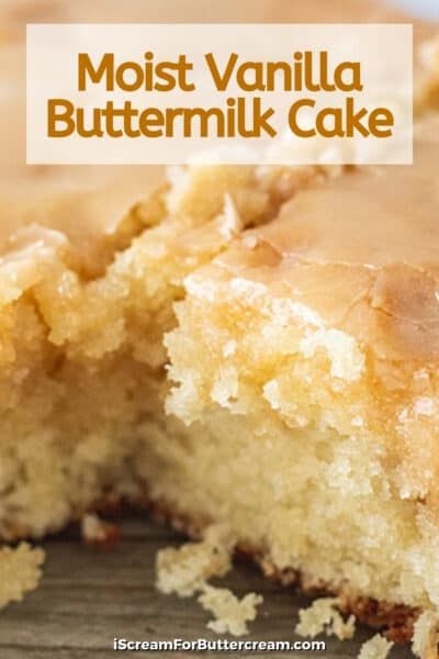 This moist vanilla buttermilk cake is a favorite. It's easy and bakes in a 13x9 inch pan, then it's topped with a yummy glaze that soaks in making the cake super moist and tasty. This cake is one of the best cakes I've ever had and it's sure to be a family favorite. Vanilla Cake With Buttermilk, Easy Buttermilk Cake, Desserts With Buttermilk In Them, Recipes That Use Buttermilk Desserts, Buttermilk Cake Recipes Easy, Buttermilk Cake Recipes Homemade, 13x9 Cake Recipes, Buttermilk Recipes Dessert, Things To Make With Buttermilk