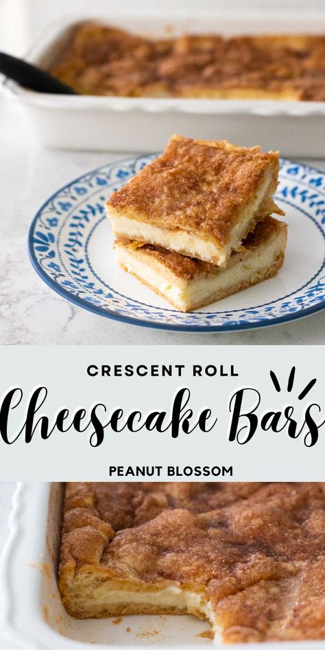 This delicious and easy cheesecake recipe has layers of cakey crescent rolls with a creamy cheesecake filling. The top is a crispy cinnamon sugar mix that tastes just like a churro once it bakes! This make ahead dessert is perfect for bringing to a potluck party. Creasant Roll Cheesecake, Cheesecake Squares Crescent Rolls, Churro Cheesecake Bars Crescent Rolls, Cinnamon Cheesecake Bars Crescent Rolls, Cheesecake Bars Crescent Rolls, Crescent Roll Cheesecake Bars, Cream Cheese Bars With Crescent Rolls, Cream Cheese Squares Crescent Rolls, Crescent Roll Cream Cheese Dessert