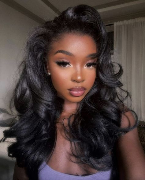 Curls For Long Hair Black Women, Updos Black Hairstyles, Feathered Side Bangs, Black Women 90s Hairstyles, Kibbe Hair, Big Hair Black Women, Taurus Midheaven, 90s Bombshell Hair, Big Curls Black Women