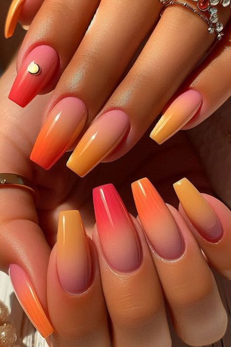 A collection of the hottest summer nail designs for 2024, featuring vibrant colors and chic minimalist patterns perfect for vacation, beach days, and summer outings. Tequila Sunrise Nails, Sunrise Nails, Mexico Nails, Dark Nail Designs, Sunset Nails, Mani Ideas, Nails Arts, Summer Nail Designs, Fun Nail Colors