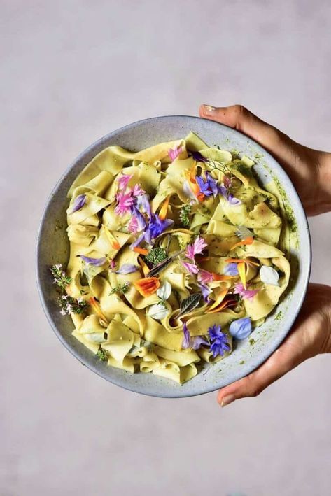 Homemade Floral Pasta with Basil Pesto Pappardelle Recipes, Homemade Pappardelle, Pasta Basil, Pasta With Basil, Pappardelle Recipe, Cheese Roll Recipe, Pasta Dough Recipes, Spring Pasta, Green Pasta