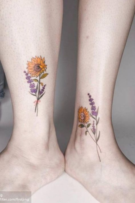 #sunflowertattooideas Let Us Live Like Flowers, Tattoos Together, Sunflowers And Lavender, Sunflower Tattoo Meaning, Sunflower Tattoo Simple, Mom Daughter Tattoos, Sunflower Tattoo Small, Lavender Tattoo, Wildflower Tattoo